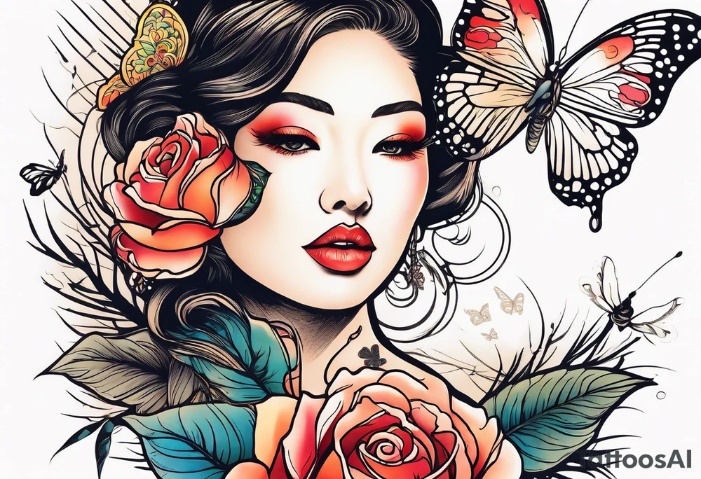 Sunset, palm trees, woman face, butterflies, rose, dragonflies tattoo idea