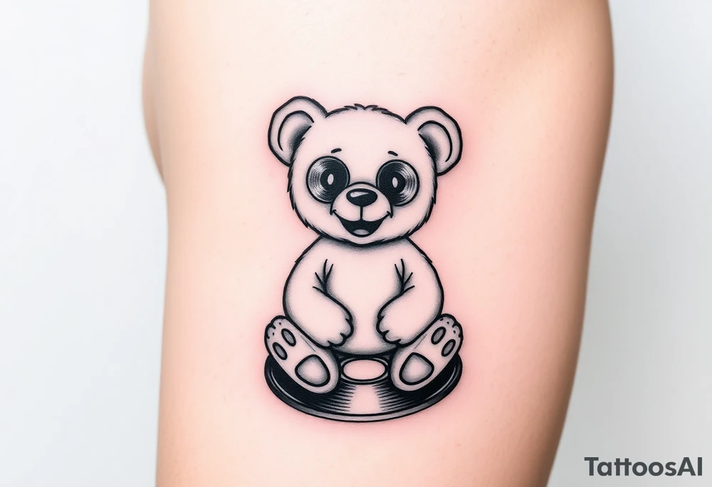 minimalist teddy bear with vinyl records as eyes smiling and sitting on a record tattoo idea