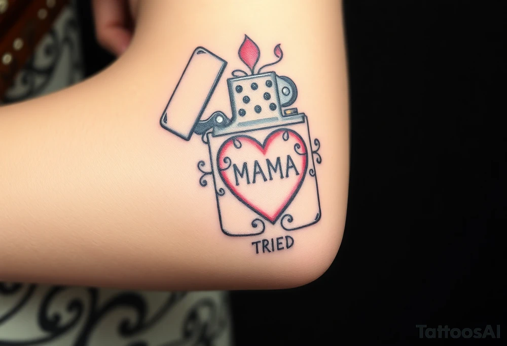 A traditional style tattoo design of a vintage zippo lighter with a traditional mom heart on the front with the words quote “MAMA” and the words quote “TRIED” on the lid tattoo idea