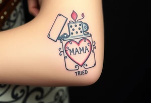A traditional style tattoo design of a vintage zippo lighter with a traditional mom heart on the front with the words quote “MAMA” and the words quote “TRIED” on the lid tattoo idea