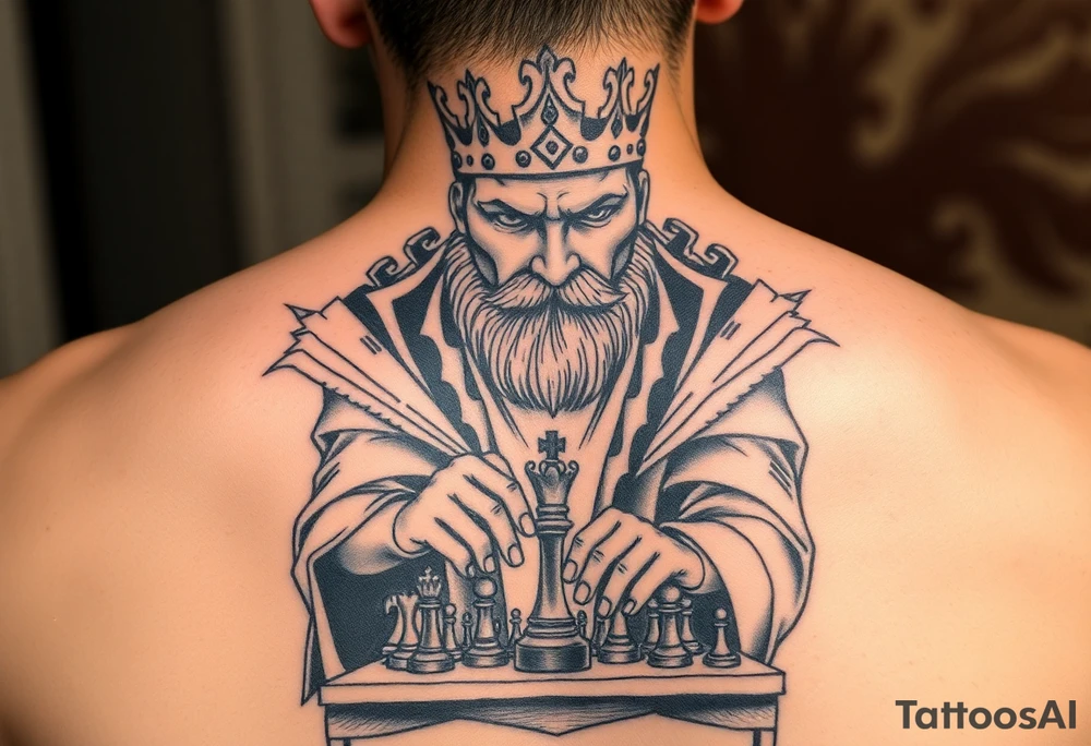 Man facing life’s fierce battles and sits on throne as a king playing chess tattoo idea