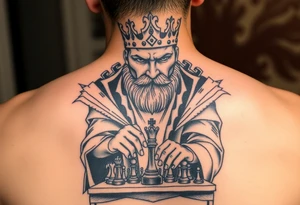 Man facing life’s fierce battles and sits on throne as a king playing chess tattoo idea