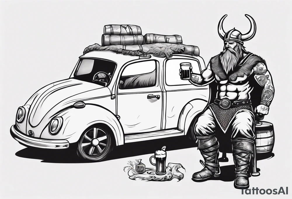 A Viking drinking a beer next to a car tattoo idea