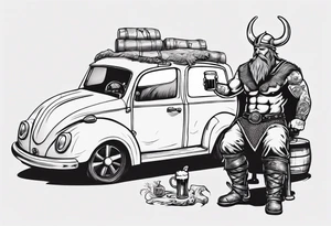 A Viking drinking a beer next to a car tattoo idea