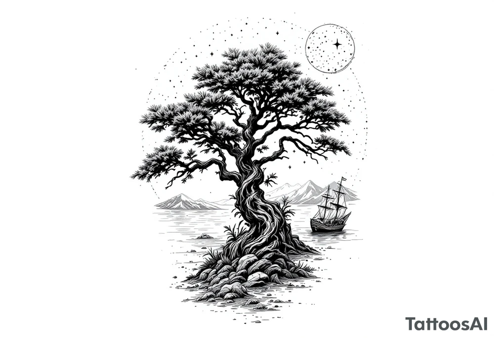 tattoo that has an acacia tree with mountains, ocean with a ship wreck and the northern star tattoo idea