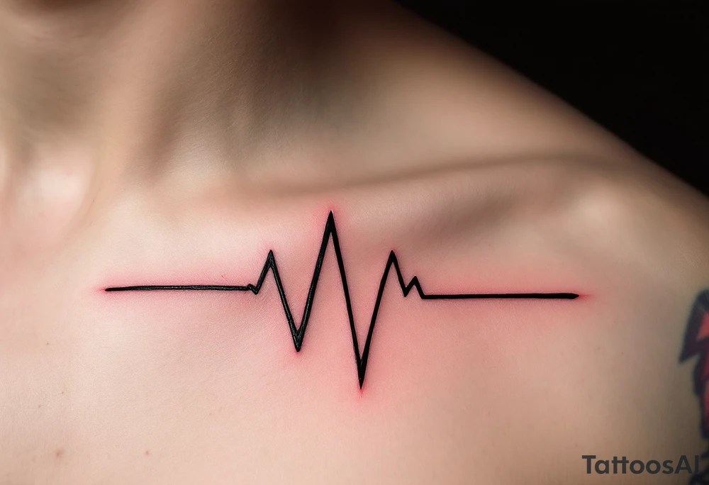 A red and black EKG line across the chest with a small white crescent moon at the peak, symbolizing life's rhythm and mystery. tattoo idea