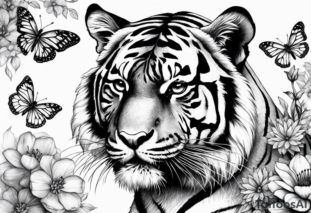 realistic tiger full length, 3 butterflies, flowers for ladies thigh / hip shaded tattoo idea