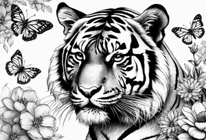 realistic tiger full length, 3 butterflies, flowers for ladies thigh / hip shaded tattoo idea