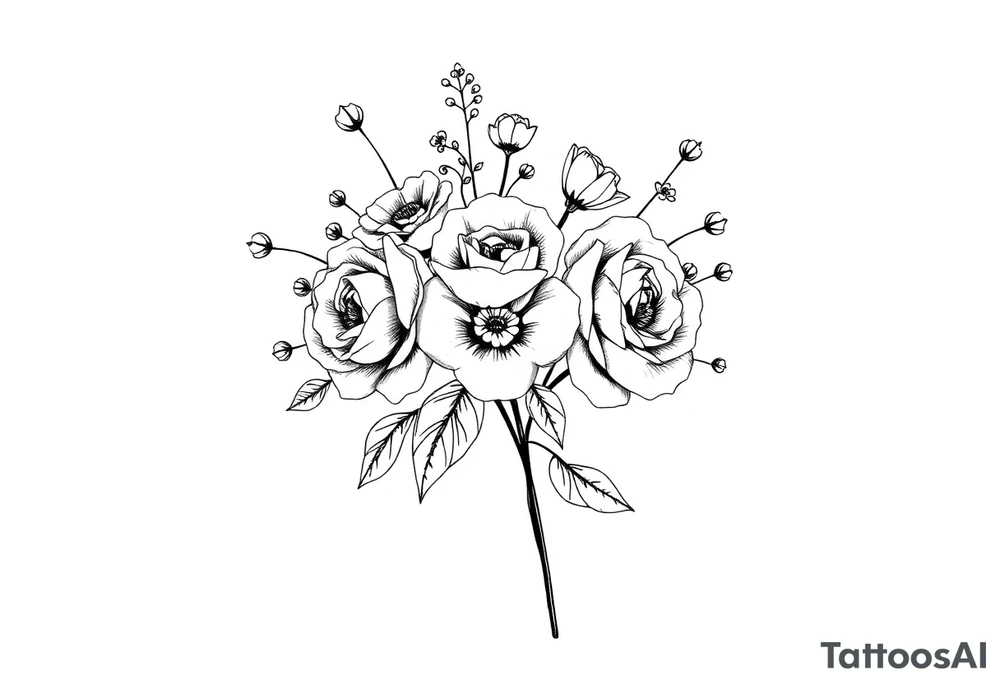 vintage bouquet of wild roses and meadow flowers with morning dew tattoo idea