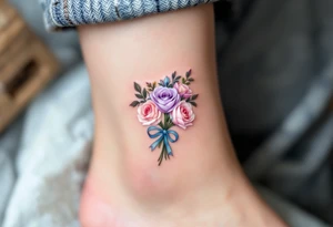 Tiny bunch of miniature pastel roses (pink, lavender, and cream) tied together with a soft blue ribbon. tattoo idea