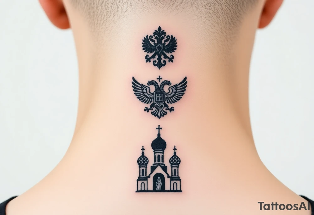 Stacked Vertical Column 

Russian star — small, bold
Middle: Miniature double-headed eagle — simplified, cleaner lines to suit the smaller space
Bottom: Orthodox church dome(s) with a small Virgin Mary silhouette beneath tattoo idea