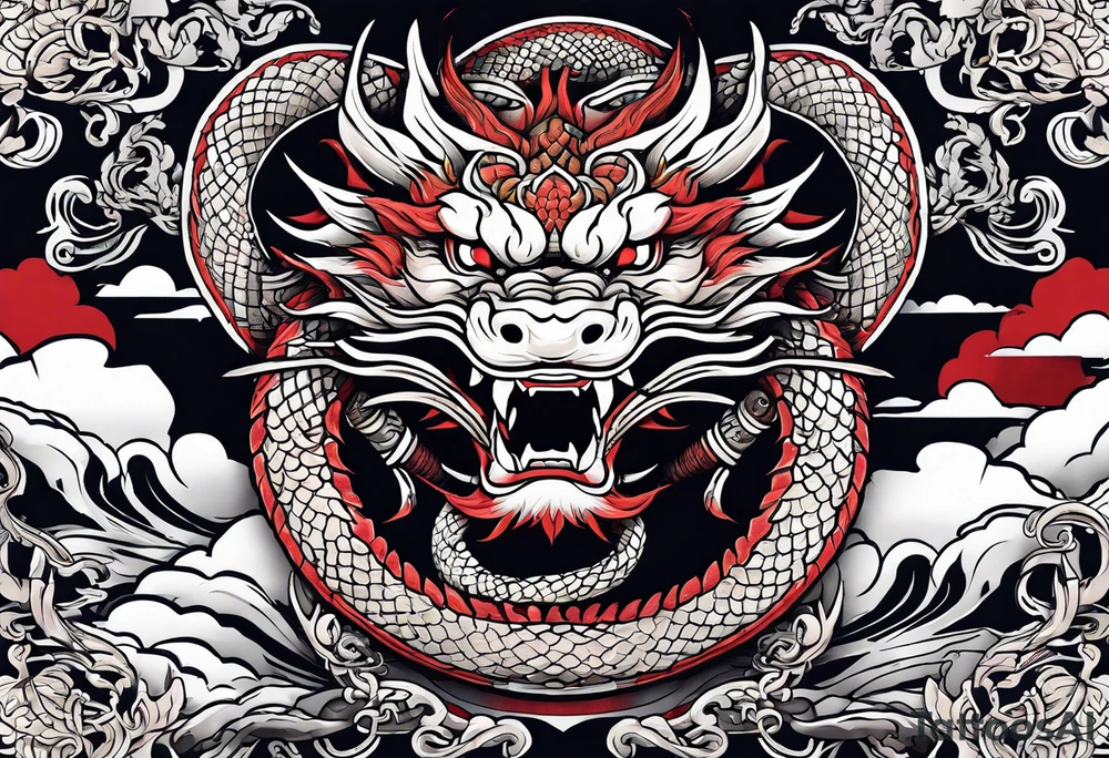 Create a detailed tattoo of Asian dragon wrapping around an anchor centered on taeguk. tattoo idea