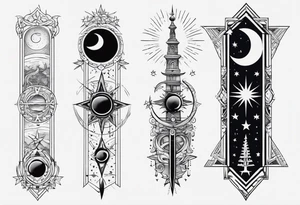 Long narrow spine tattoo. Includes moon, stars and ancient symbols tattoo idea