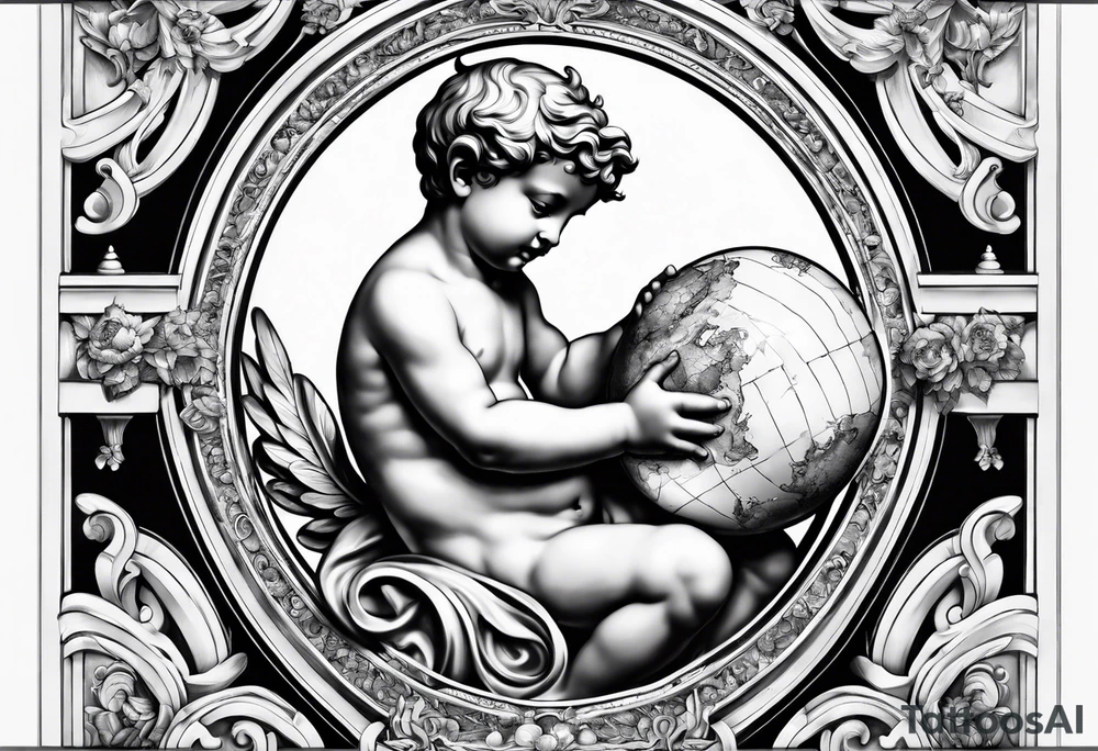one putti holding the globus with by Michelangelo tattoo idea