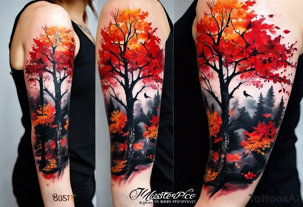 trash polka style. Arm tattoo. Long tattoo. Full sleeve. Shoulder. A single large maple tree with red autumn leaves that branches upwards from wrist to shoulder. White-throated dipper bird on the trees branches. Calluna flowers at the base of the trees stem. Tree stem has dark colors. Red/yellow sunset behind the trees stem. Leaves falling. tattoo idea