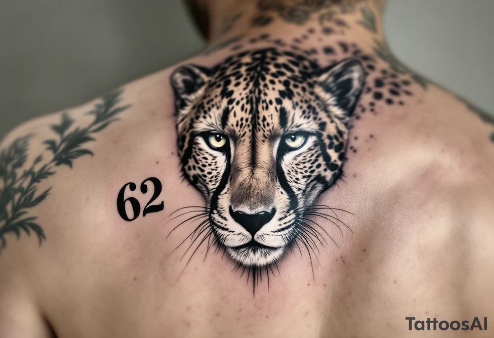 realistic cheetah with the number 62 tattoo idea