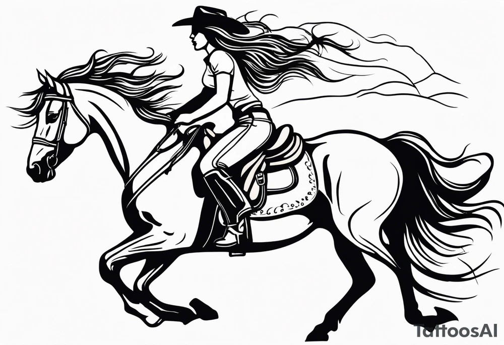 cowgirl with long hair on the back of galloping stallion. She is holding her cowboy hat on her head with one hand and the reins with the other hand tattoo idea
