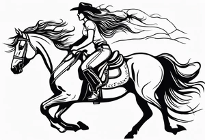 cowgirl with long hair on the back of galloping stallion. She is holding her cowboy hat on her head with one hand and the reins with the other hand tattoo idea