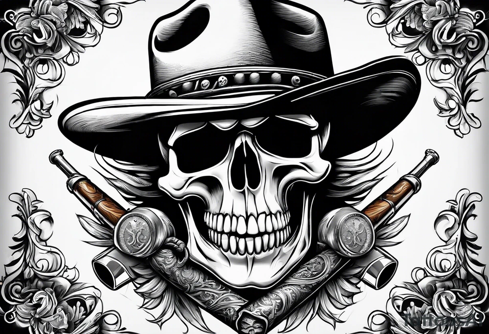 Skull wearing a cowboy hats, smoking a cigar. tattoo idea