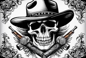 Skull wearing a cowboy hats, smoking a cigar. tattoo idea