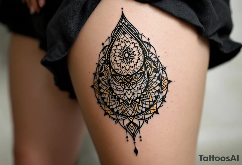 A bold geometric teardrop with intricate mandala designs inside, with deep black outlines and subtle gold accents around the outer edges. The contrast of black and gold emphasizes strength, symmetry, and inner peace. tattoo idea