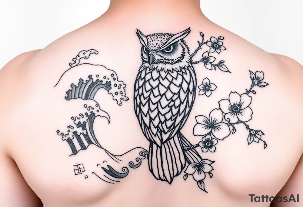 Something to come down for my sleeve I have waves and Japanese cherry blossoms and an owl on it tattoo idea