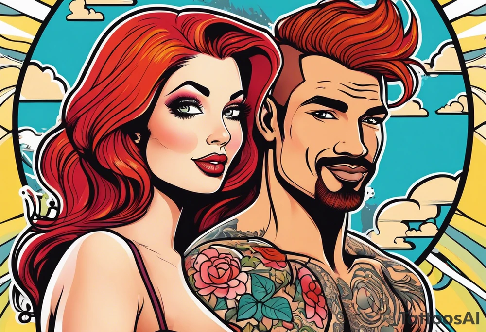 Busty Red haired woman with black haired man tattoo idea