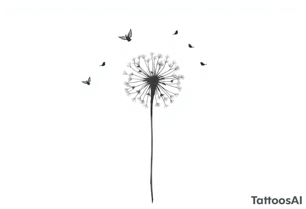 Dandelion tattoo representing motherhood, blowing in the wind giving myself to the next generation. Five birds for my children and two white birds for the children I lost. Whimsical and fine line. More artistic and soft. Still not right. Try again tattoo idea