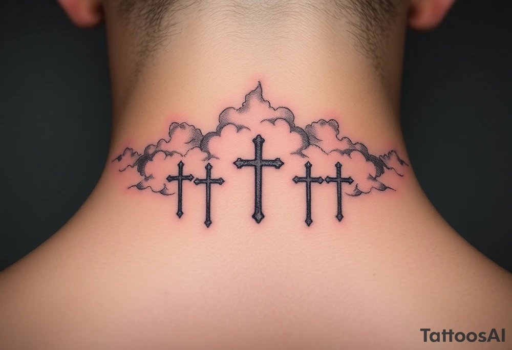 Clouds with 3 crosses fading in the background tattoo idea