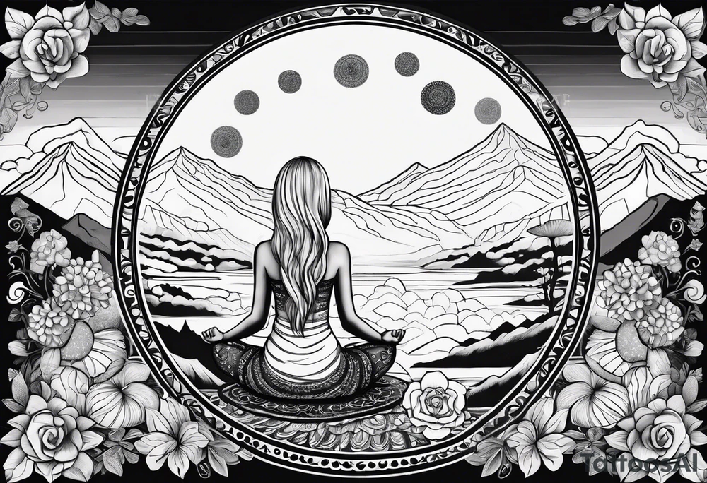 Straight blonde hair girl meditating facing away toward mountains surrounded by mushrooms crescent moon mandala circular design black and white striped dress tattoo idea