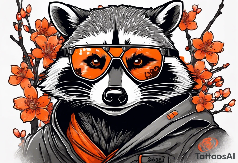 Raccoon wearing a white Superman logo on a black hoodie and orange Japanese cherry blossoms tattoo idea