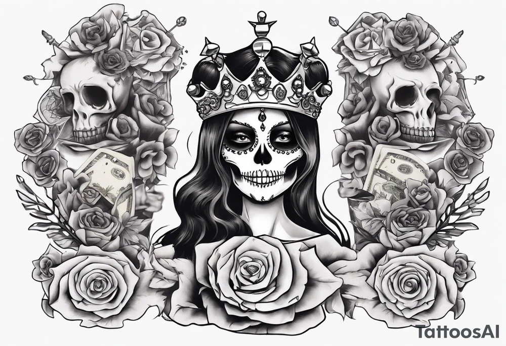 santa la muerta with money and crown
on the card tattoo idea