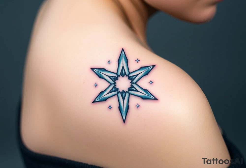 An icy pentagram - five pointed star with sharp crystal edges, surrounded by a cold mist and floating frost particles. tattoo idea