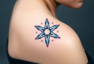 An icy pentagram - five pointed star with sharp crystal edges, surrounded by a cold mist and floating frost particles. tattoo idea