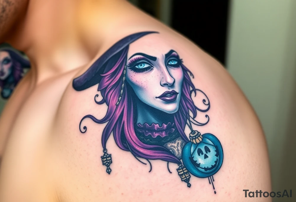 A witches portrait with purple and teal accents and halloween ornaments tattoo idea