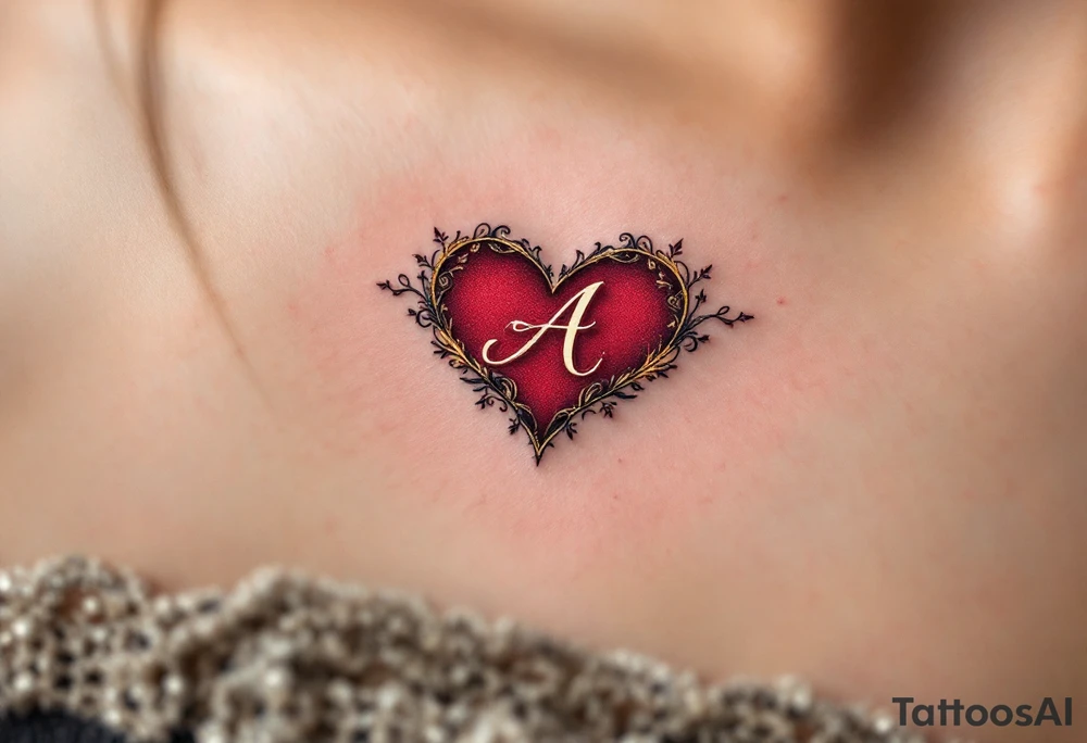 A deep red heart with a golden cursive letter "A" delicately engraved in the center, symbolizing passion and devotion. tattoo idea