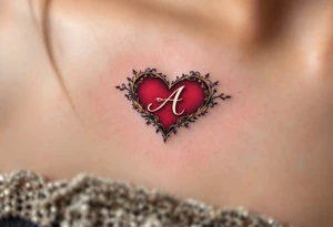 A deep red heart with a golden cursive letter "A" delicately engraved in the center, symbolizing passion and devotion. tattoo idea