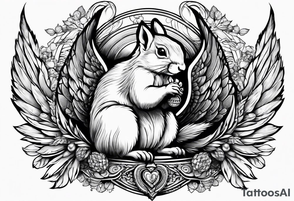 Squirrel with angel wings holding a nut tattoo idea