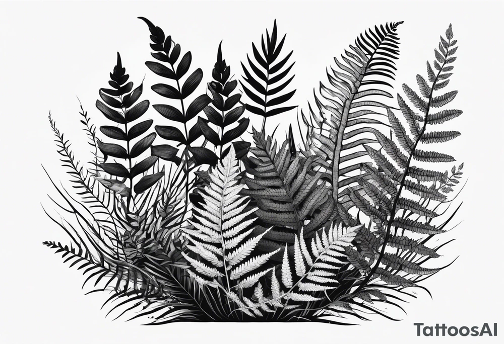 A detailed, vintage-style black and white tattoo of ferns, leaves, and moss, in a simple design. Flat design tattoo idea