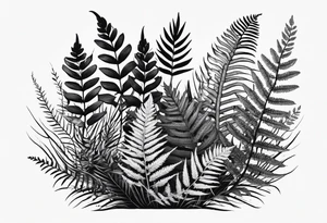 A detailed, vintage-style black and white tattoo of ferns, leaves, and moss, in a simple design. Flat design tattoo idea