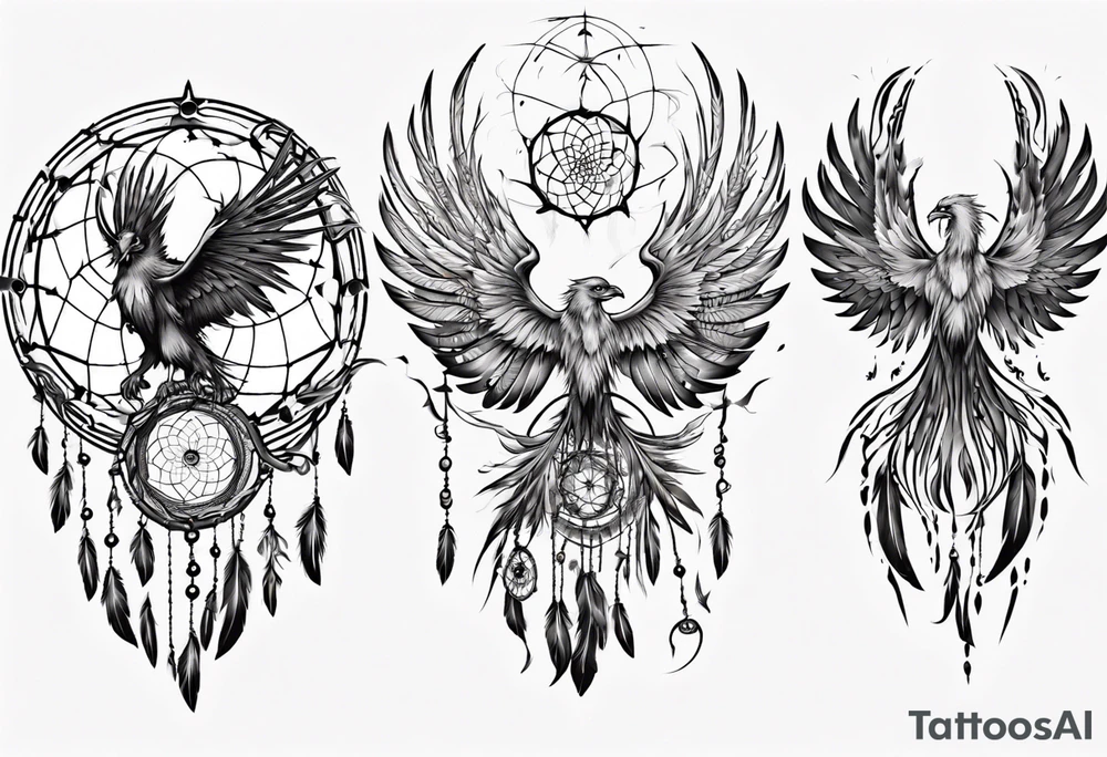 Fire Phoenix flying dream catcher tattoo idea