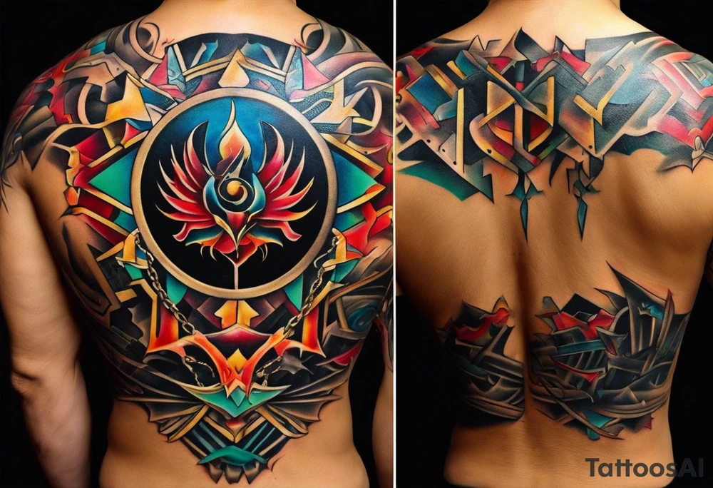 Wide tattoo that appears to be bursting out of the skin, symbolizing freedom. The tattoo should be vibrant and dynamic, with bold lines and colors that evoke a sense of liberation and empowerment. Consider incorporating elements such as broken chains, or other symbols of freedom. The tattoo should be visually striking and thought-provoking, inviting the viewer to reflect on the importance of personal freedom. tattoo idea