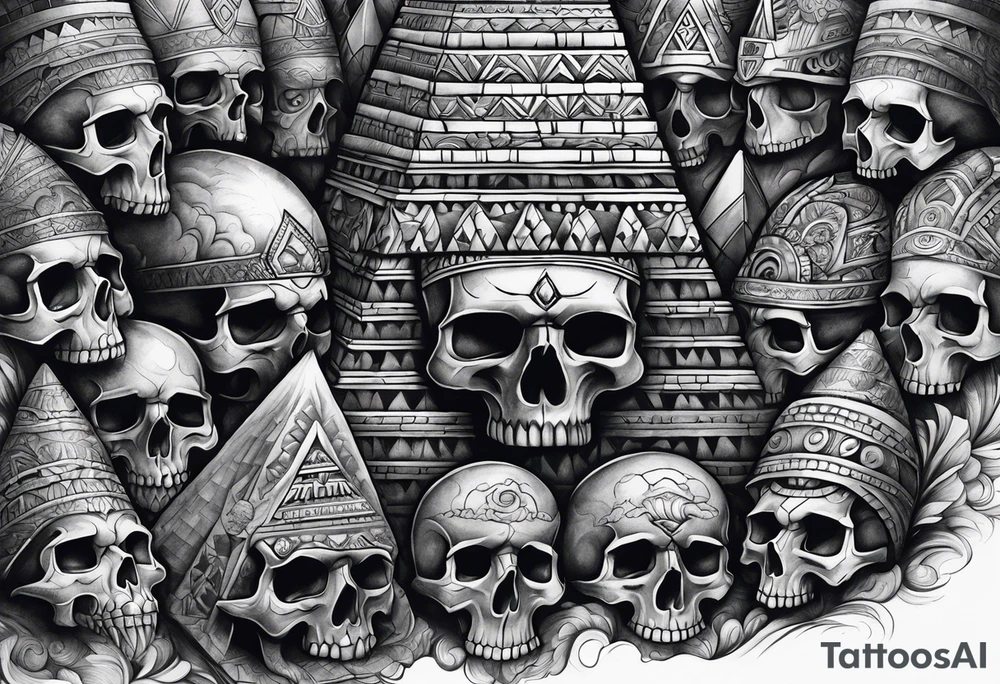Aztec pyramids and wall of skulls sleeve tattoo idea