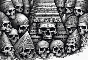 Aztec pyramids and wall of skulls sleeve tattoo idea