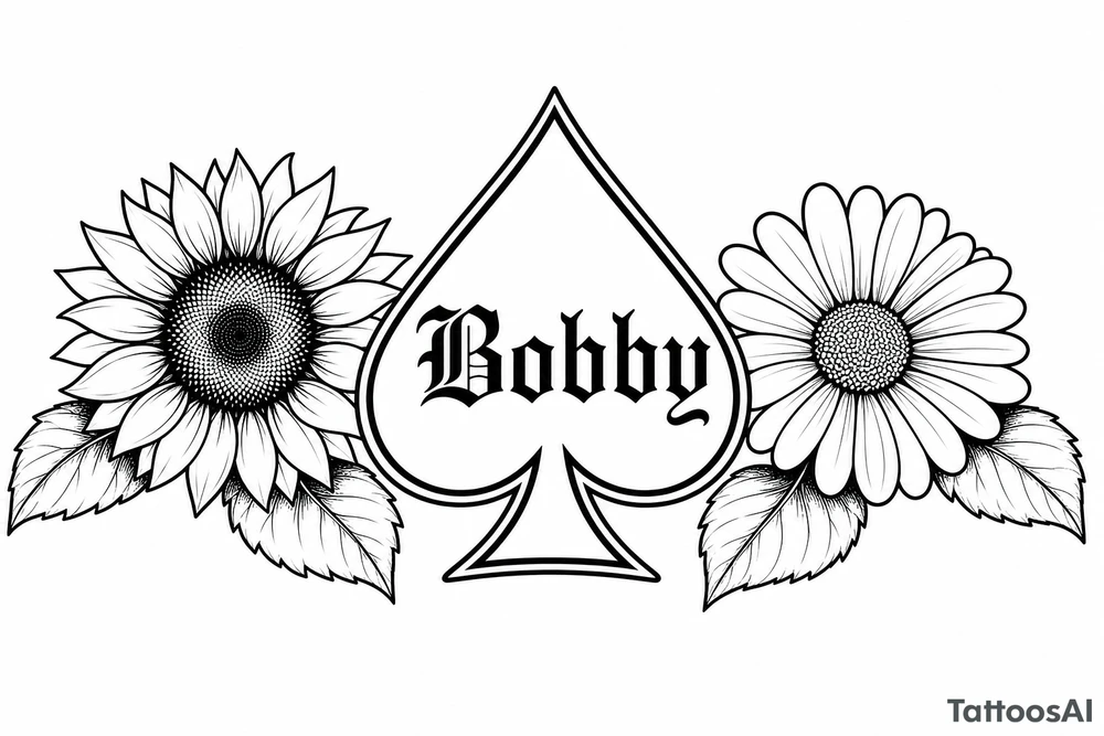 Bobby middle center inside the middle of the  with a sunflower and a daisy on each side of the spade very super extremely traceable to trace onto notebook paper, very super extremely easy and simple traceable tracing black and white outlining outline coloring pages very super extremely traceable to trace onto notebook paper tattoo idea