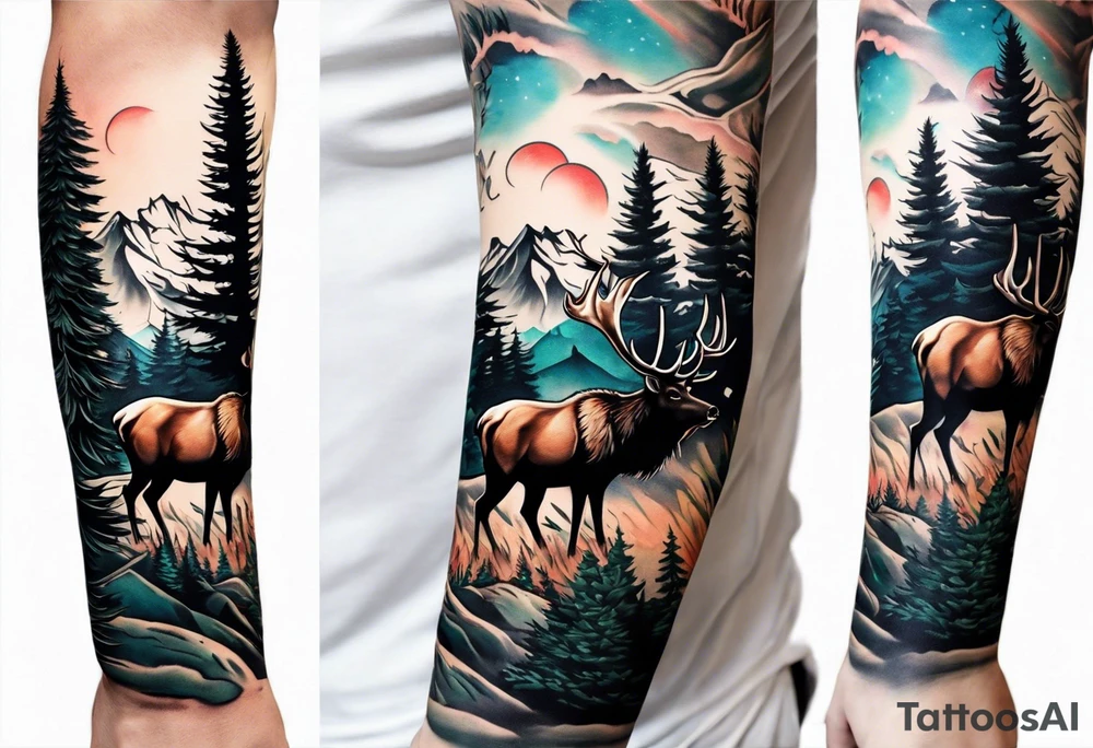 arm sleeve pine tree moutain elk tattoo idea