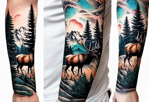 arm sleeve pine tree moutain elk tattoo idea