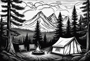 Campground with onr small tent and small fire pit with smoke pillowing out of it. three large pine trees being the focus in the background. tattoo idea