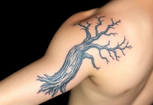 Entire arm tattooed like tree bark with roots at the bottom around the wrist and branches into three at the top by the shoulder tattoo idea