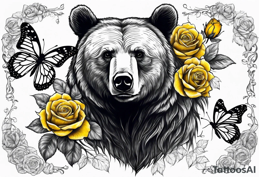 A bear sitting under the tree of life with three yellow roses, and three butterflies tattoo idea